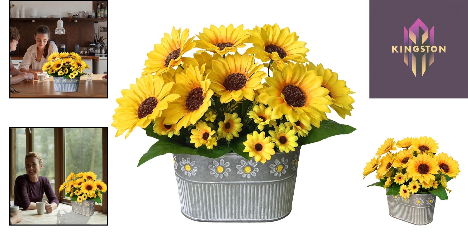 Low-Maintenance Silk Flower Centerpiece – Rustic Metal Pots, Set of 3 Sunflowers