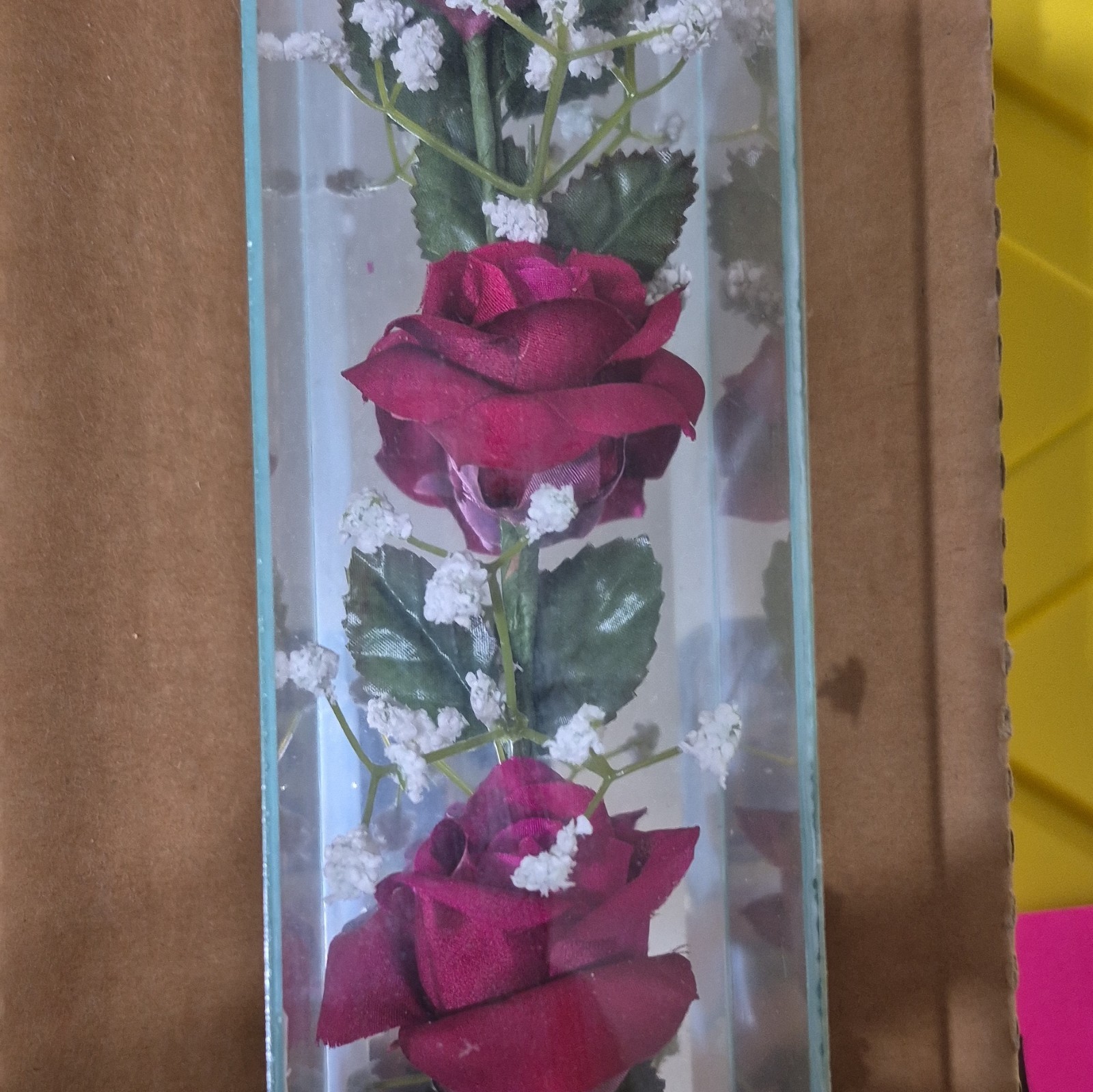 Vintage Musical Rose Floral Arrangement & Centerpiece in Glass/Wood Case 13in