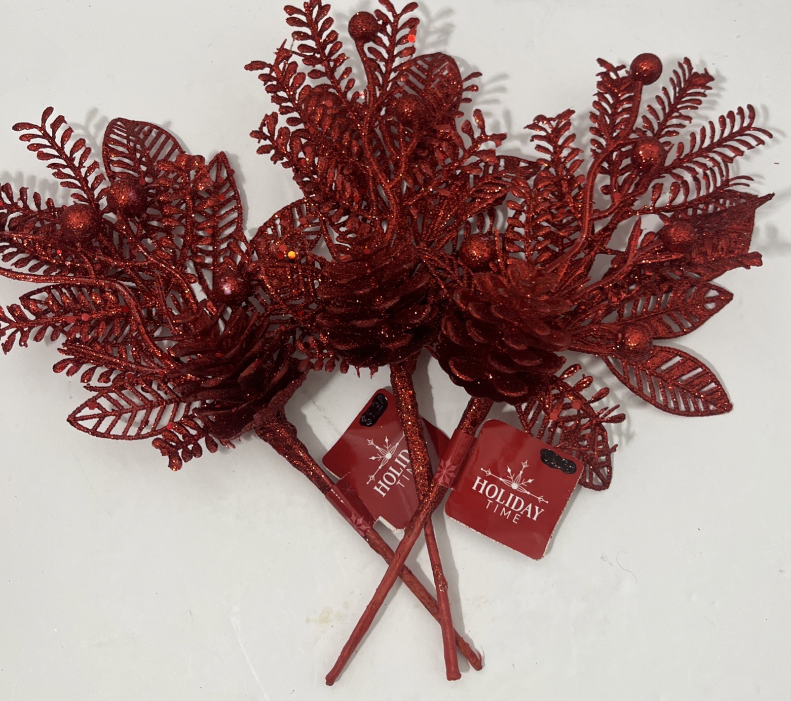 3 Holiday Time Christmas Red Glitter Floral Decor Picks 10×4 Inch NWT