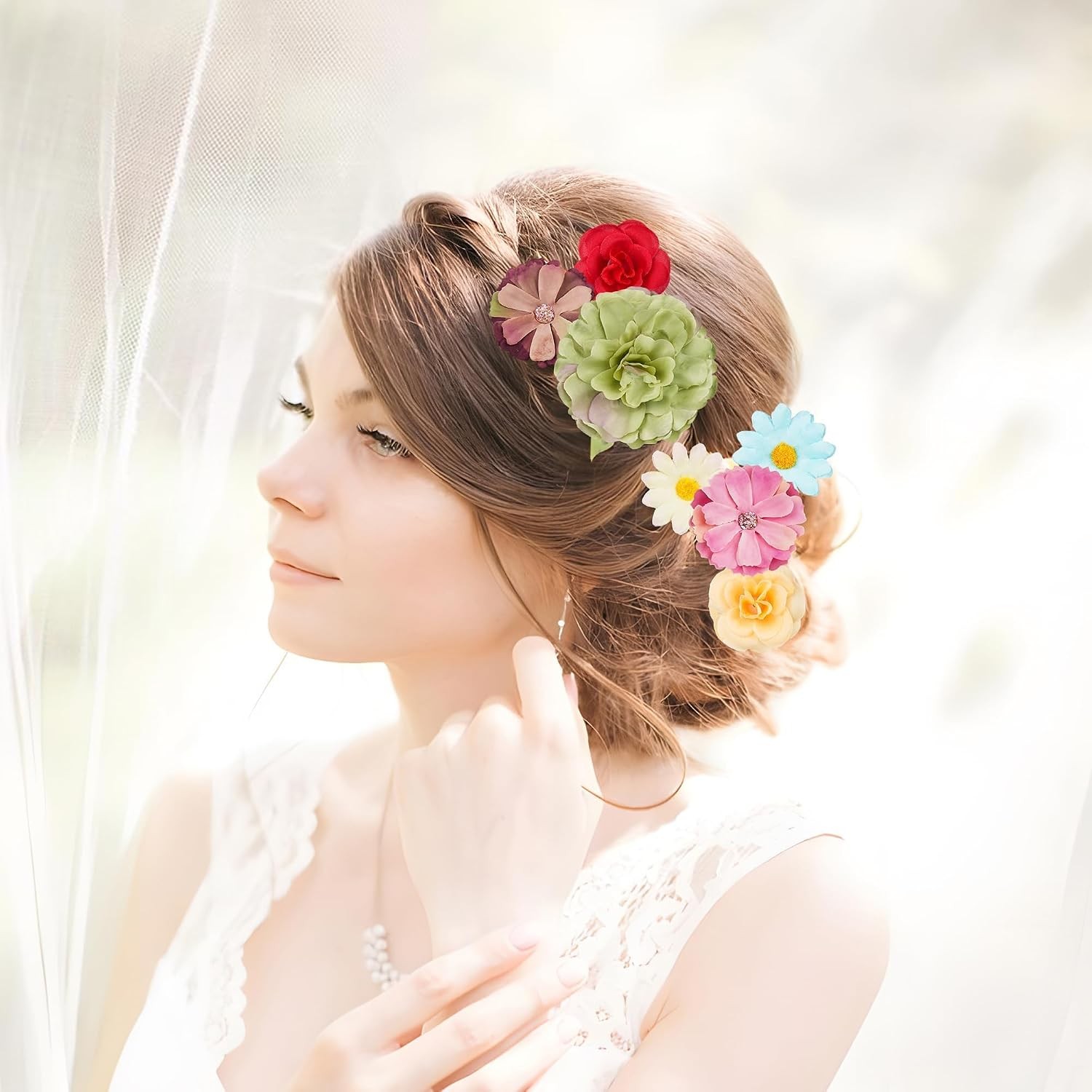 210 Pcs Mini Silk Flower Heads, Faux Rose Daisy Sunflower Bulk Crafts