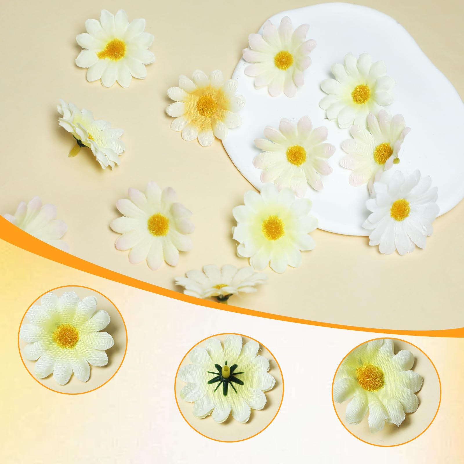 100 PCS Artificial Daisy Flower Head 1.5 Inch White Fake Daisies Fabric Crafts