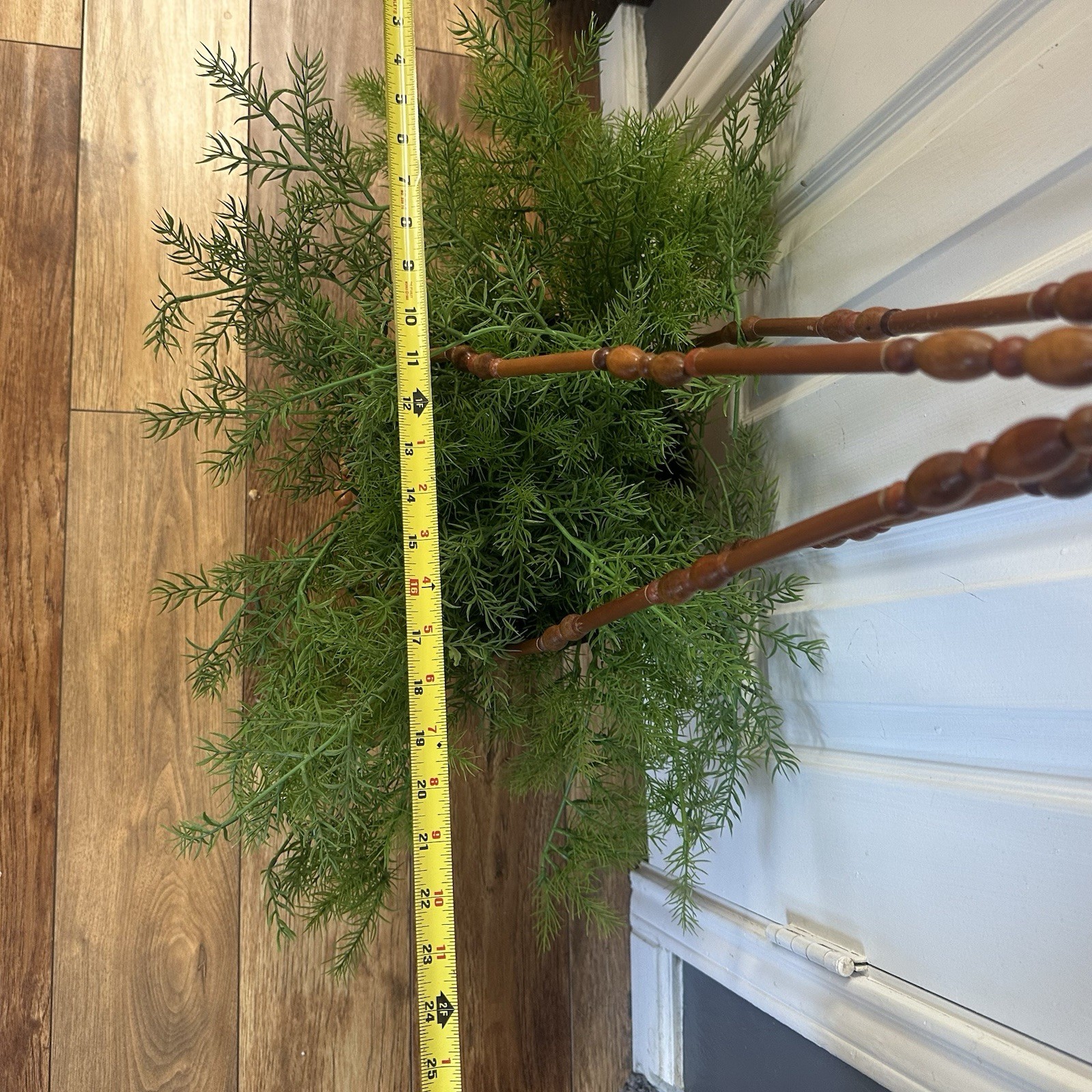 Vintage MCM 70’s Gorgeous Faux Fern Hanging Plant with Wooden Macrame Basket