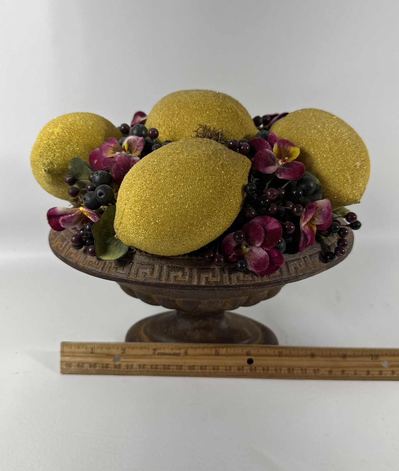 Vintage Rare Artificial Lemon Arrangement In A Cast Iron Vase Bass Green Bottom