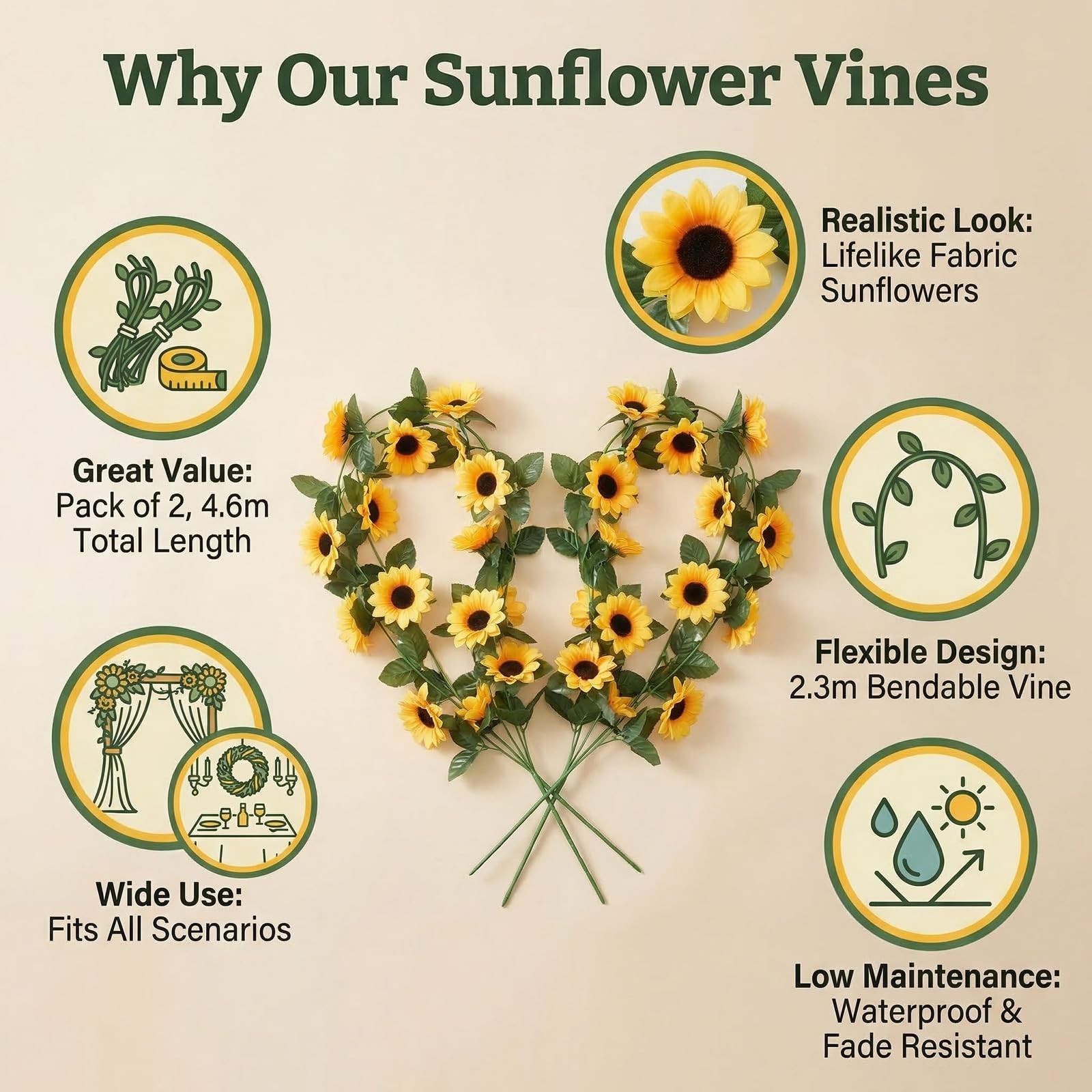 2Pack Artificial Sunflower Garlands Fake Hanging Sunflowers Silk Vines with G…