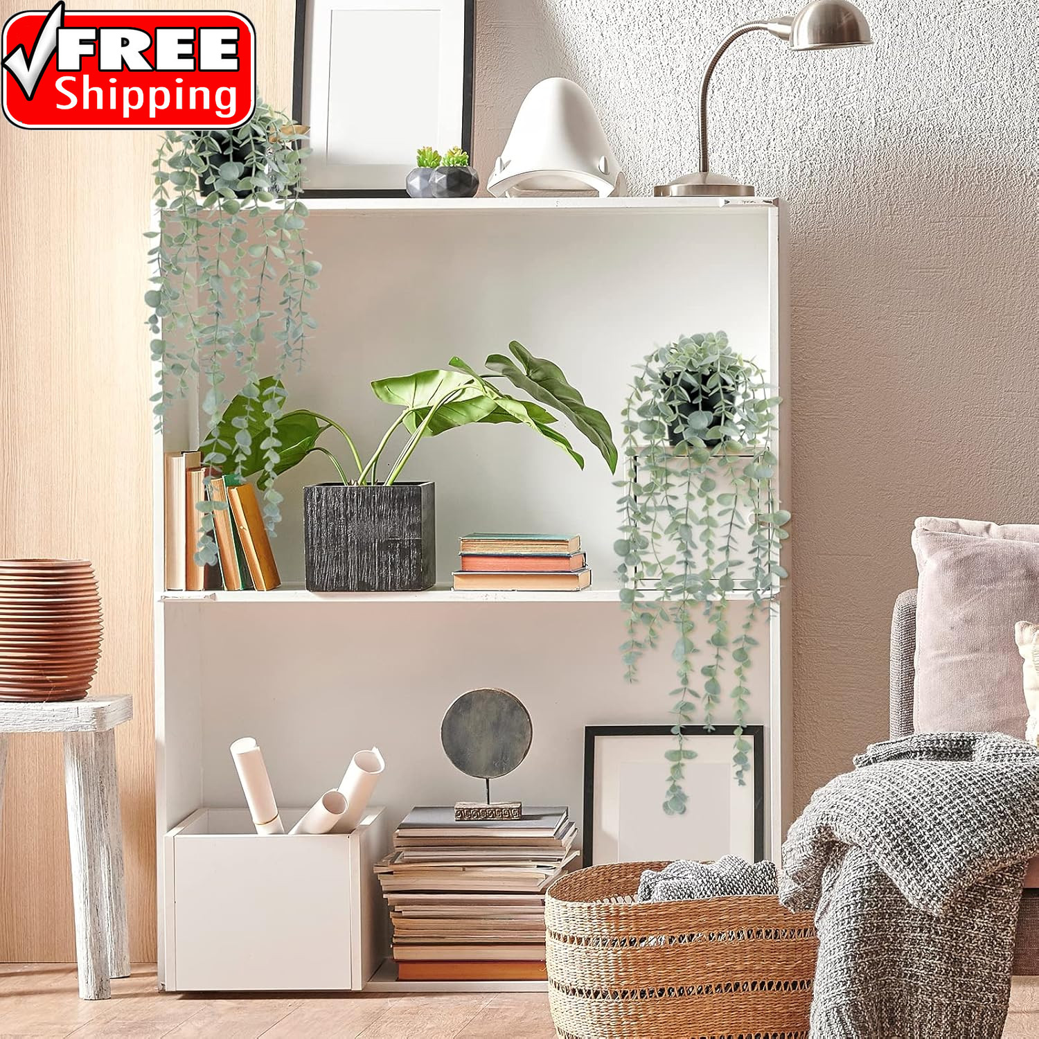 2 Pcs Artificial Eucalyptus Plants Shelf Hanging Fake Plant in Pot for Wall Bedr