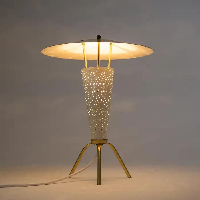 Mid-Century Modern Tripod Table Lamp – Perforated Metal Cone & Yellow UF