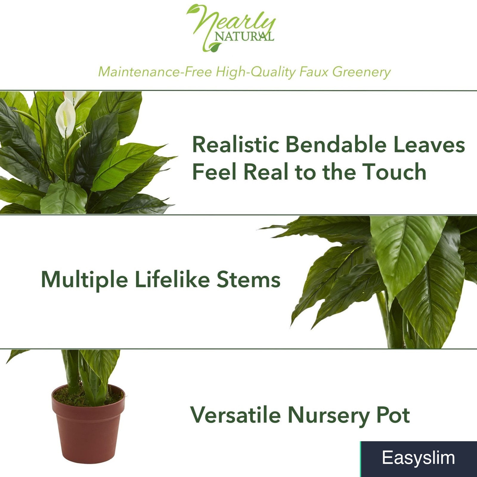 Peace Lily Artificial Plant, 42 In, Lifelike Silk Leaves, White Blooms