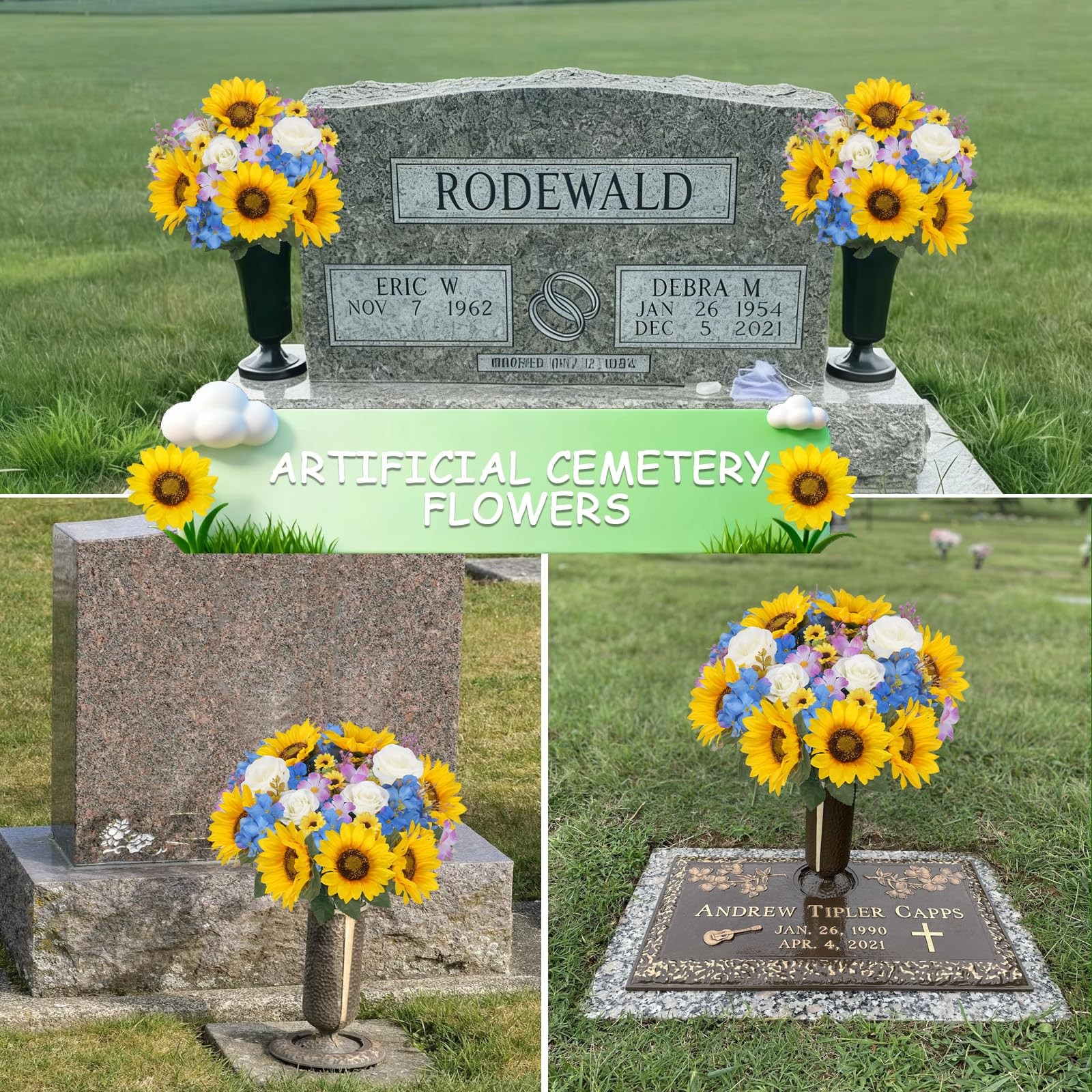2Pcs 17.7Inch Sunflowers Artificial Flowers Bouquets Cemetery Flowers for Gra…