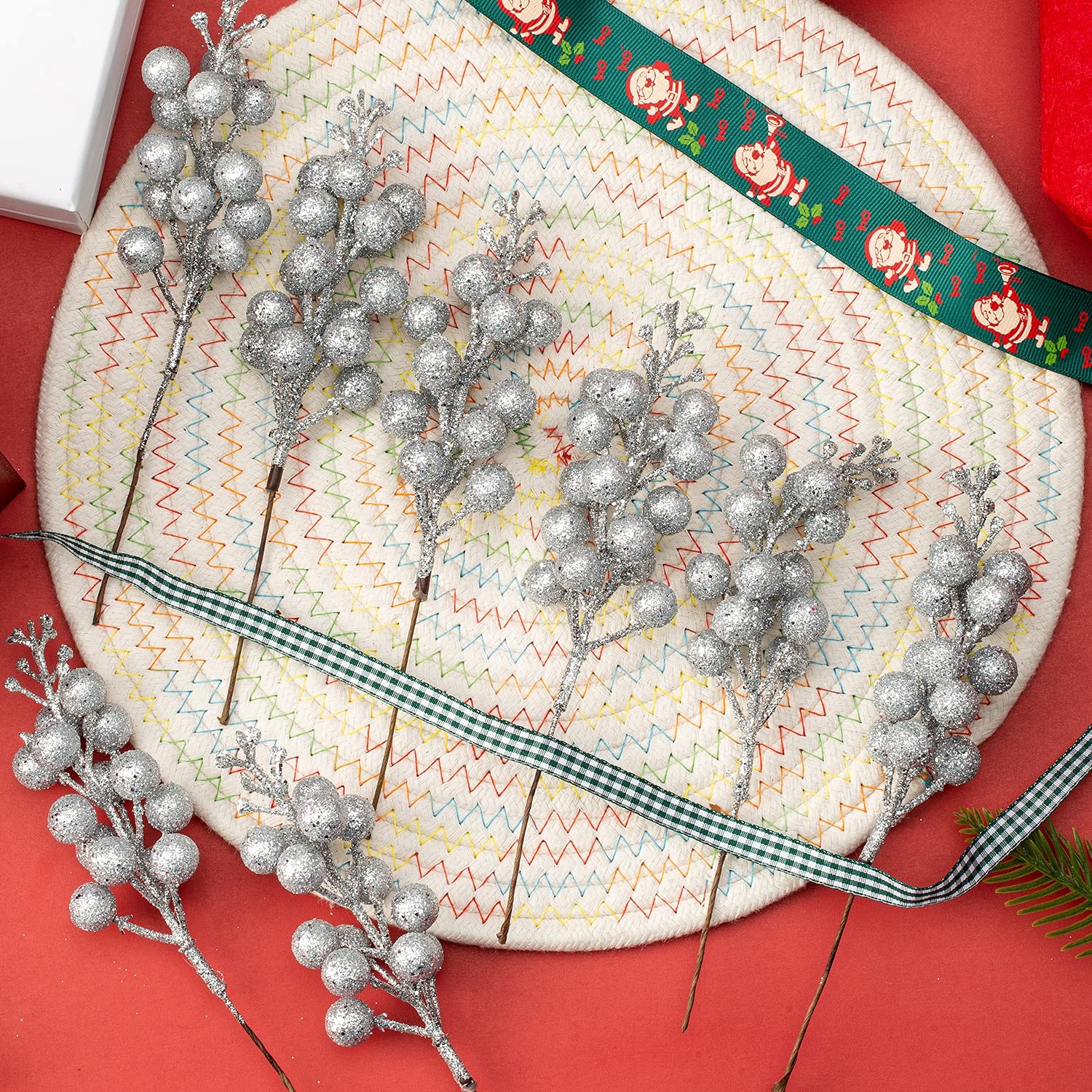 24 Pack Silver Christmas Glitter Berries Stems Artificial Christmas Tree Pick…