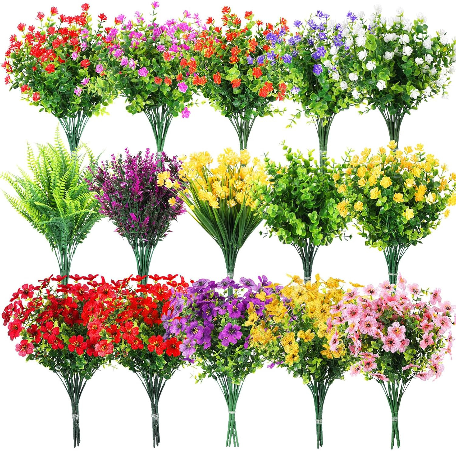 60 Bundles UV Resistant Faux Flowers – 15 Styles for Home & Garden Decor