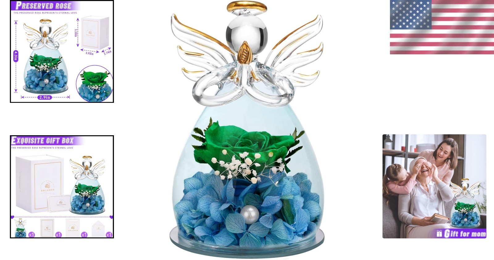 Borosilicate Glass Angel Figurine with Lasting Green Rose – Ideal Home Decor