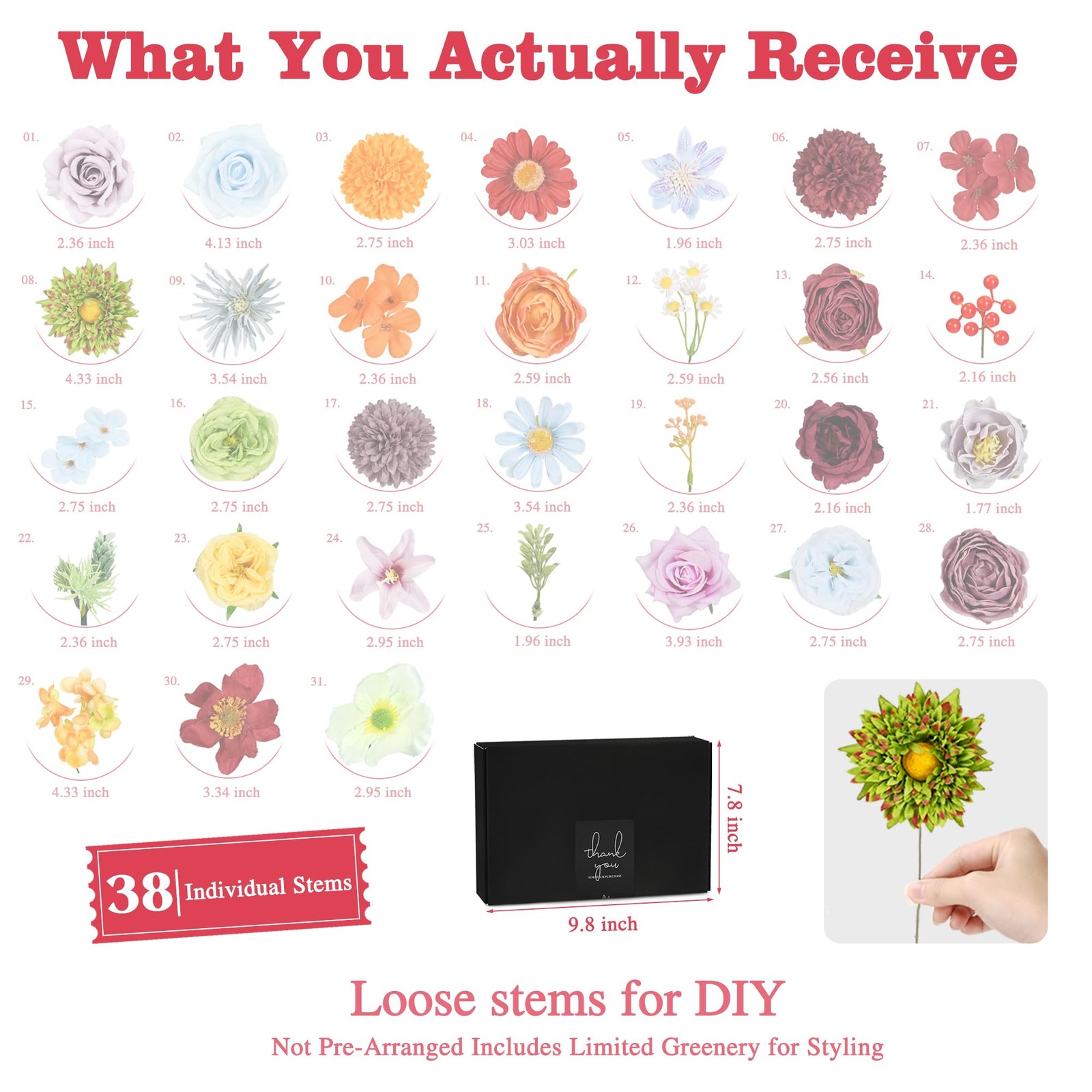 Artificial Flower Box, 38PCS Silk Floral Stems, Multi Color | 38 flexible sil…
