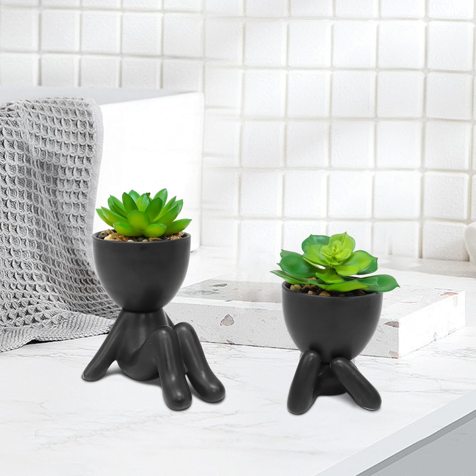 2 PCS Cute Artificial Succulent Plants Black Human Shaped Pots Desk Planter