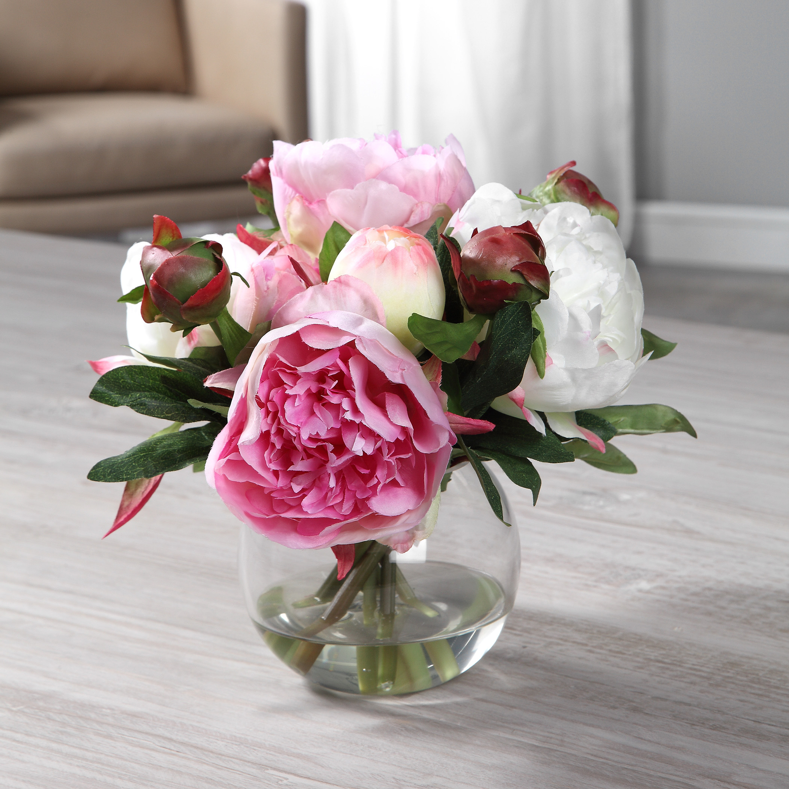 Luxe Large Pink White Peony Flower Bouquet Faux Floral Glass Vase