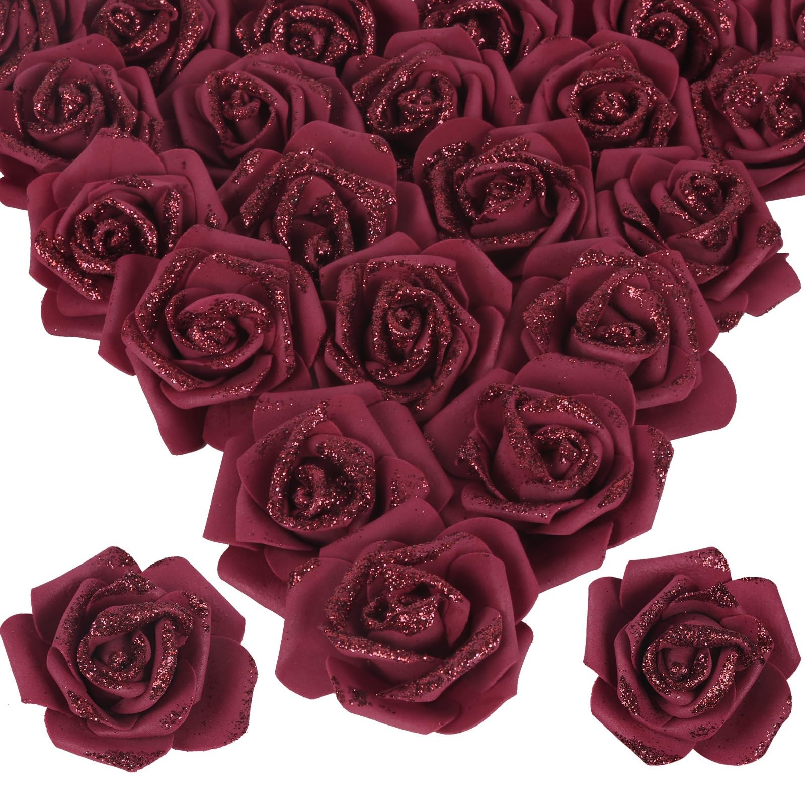 100 PCS 2.56 Inch Burgundy Glitter Foam Roses Fake Artificial Flowers Bridal