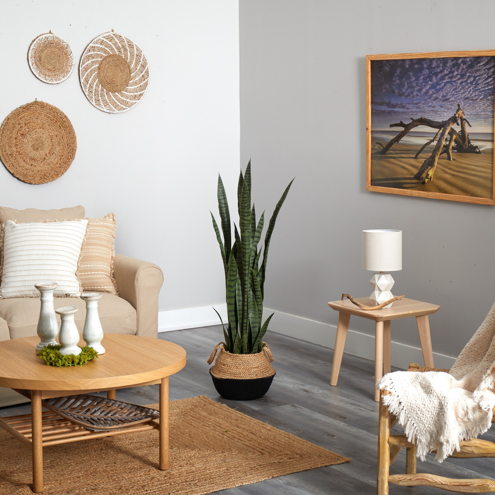 Nearly Natural 46″ Sansevieria Plant in Cotton & Jute White Woven Planter