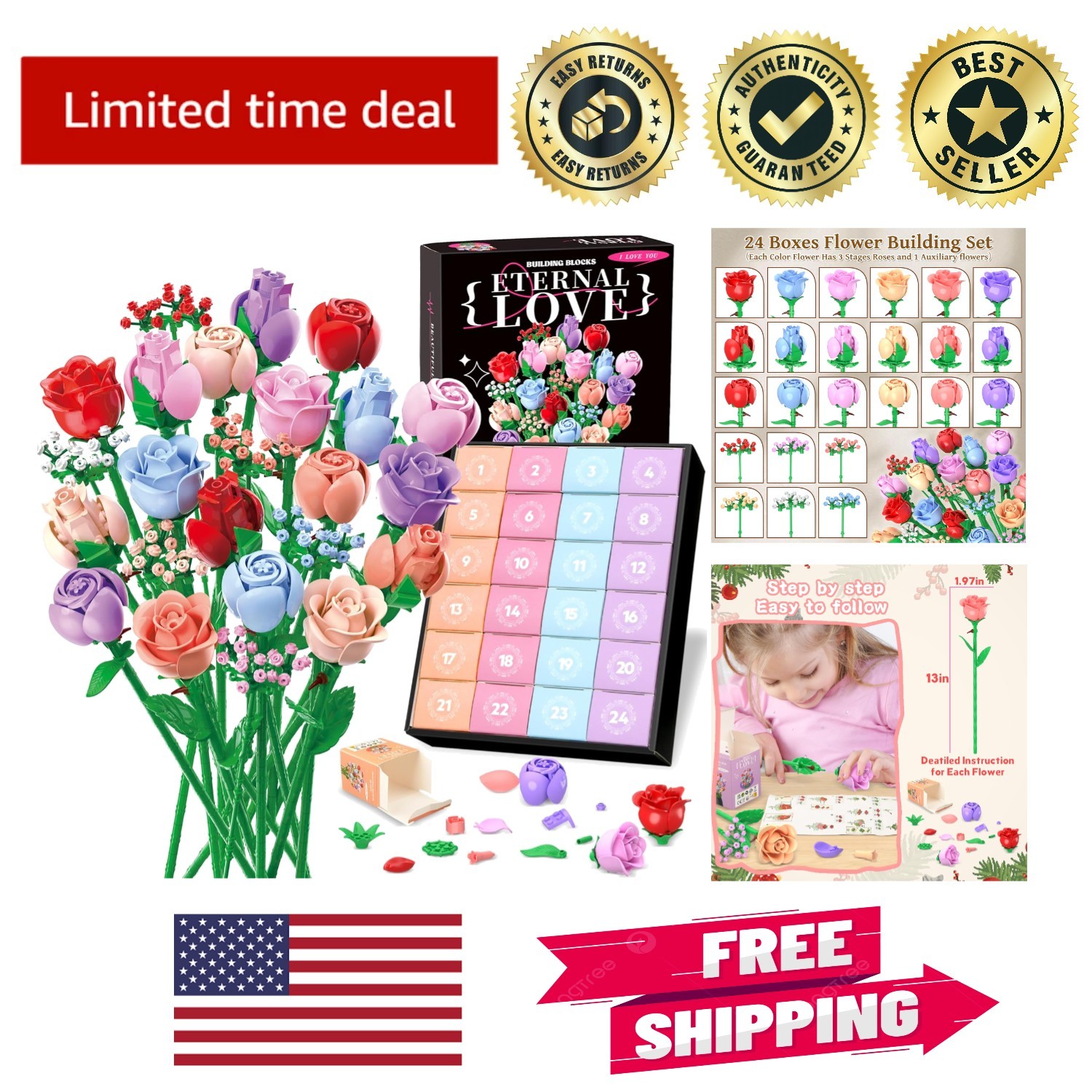 24 Pcs Colorful Rose Bouquet Building Set – Unique Gift for Her | 1380 Pcs