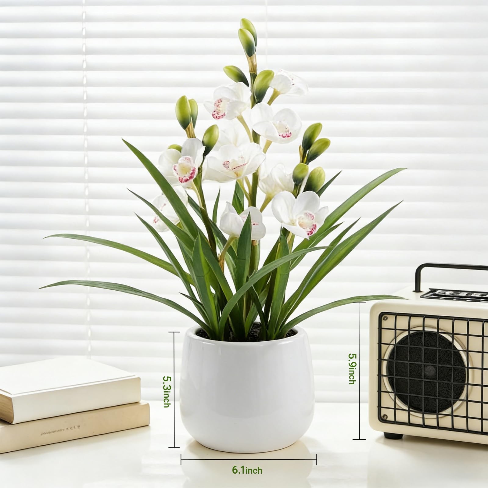 Fake Orchid Plant 19 Inch Tall Realistic Touch Leaves Potted Cymbidium White