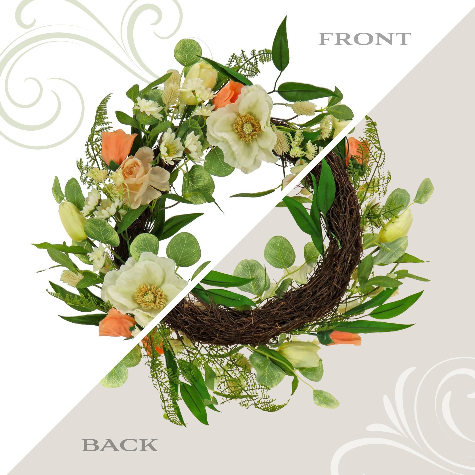 22″ Artificial Spring Wreath with Tulip, Poppy & Buttercup – Realistic Floral De