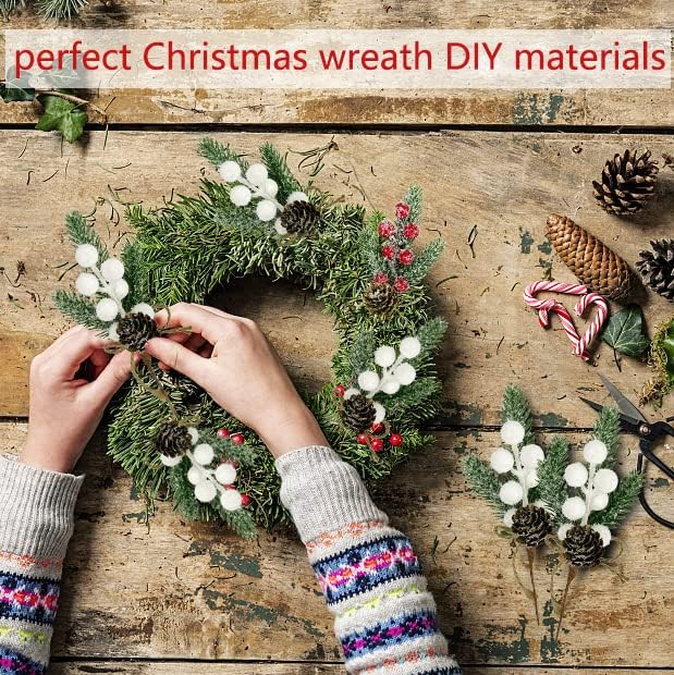 White Berry Stems Floral Pine Cones 10PCS Christmas Artificial Pine Branches
