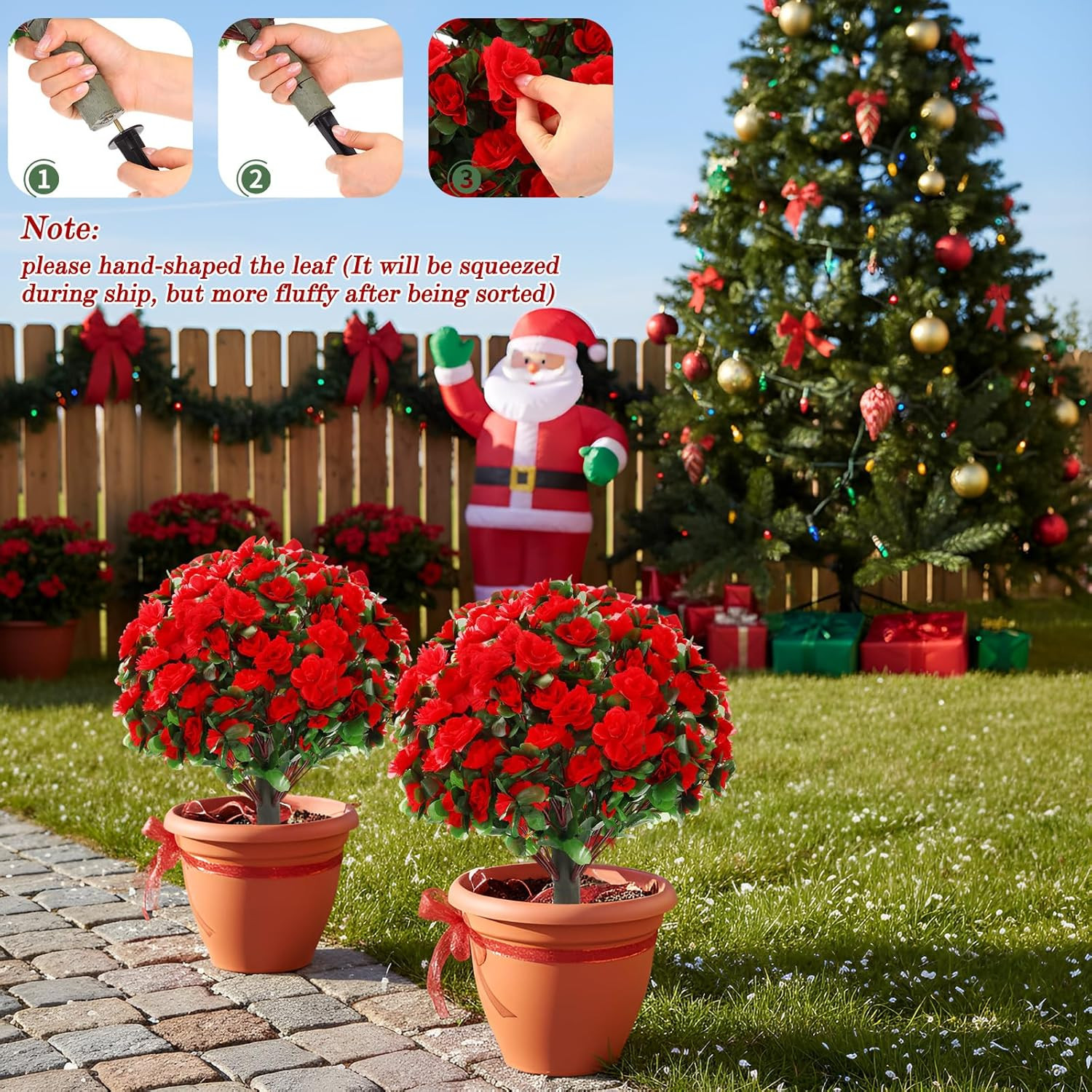 24″ Set of 2 Faux Poinsettia Topiary Trees for Indoor/Outdoor Xmas Decor