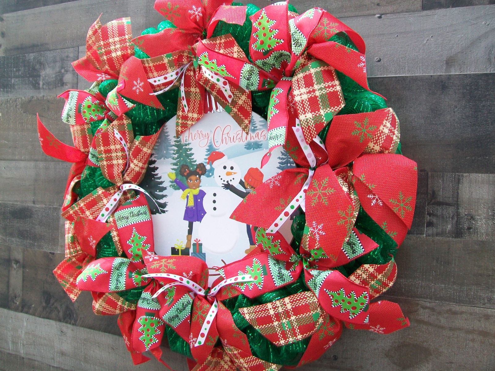 Merry Christmas African American Children Round Plaque Christmas Mesh Wreath