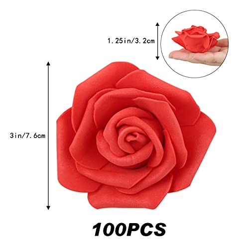 100 Pcs 3 Inch Red Rose Artificial Flower Heads for DIY Crafts Wedding Bouquets