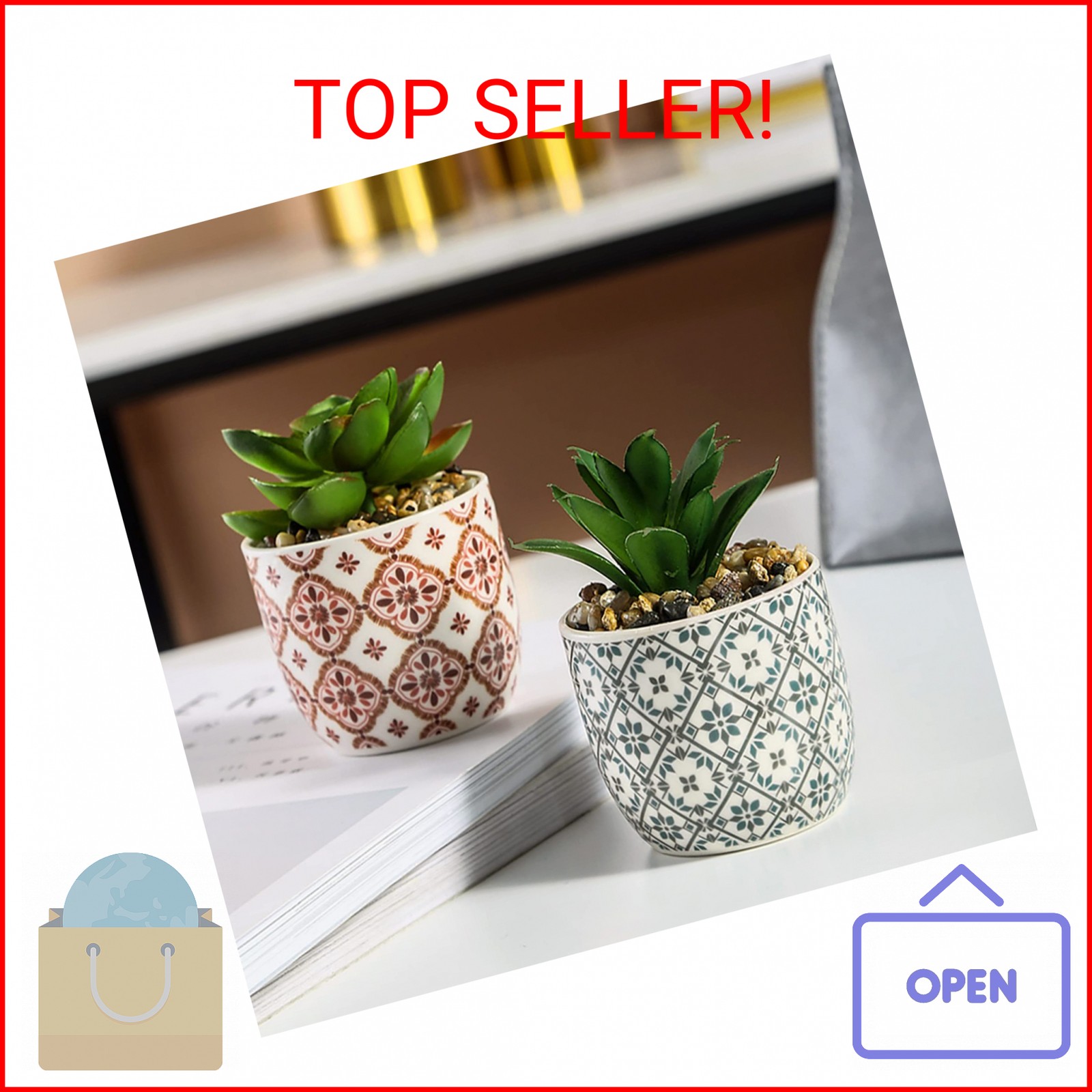 Karlliu Artificial Plants Succulent Flowers in Ceramic Planter 2 Pack Small Fake
