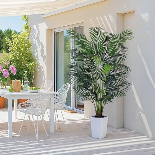 Artificial Palm Tree with White Tall Planter, 7ft Tall Potted Artificial Silk…