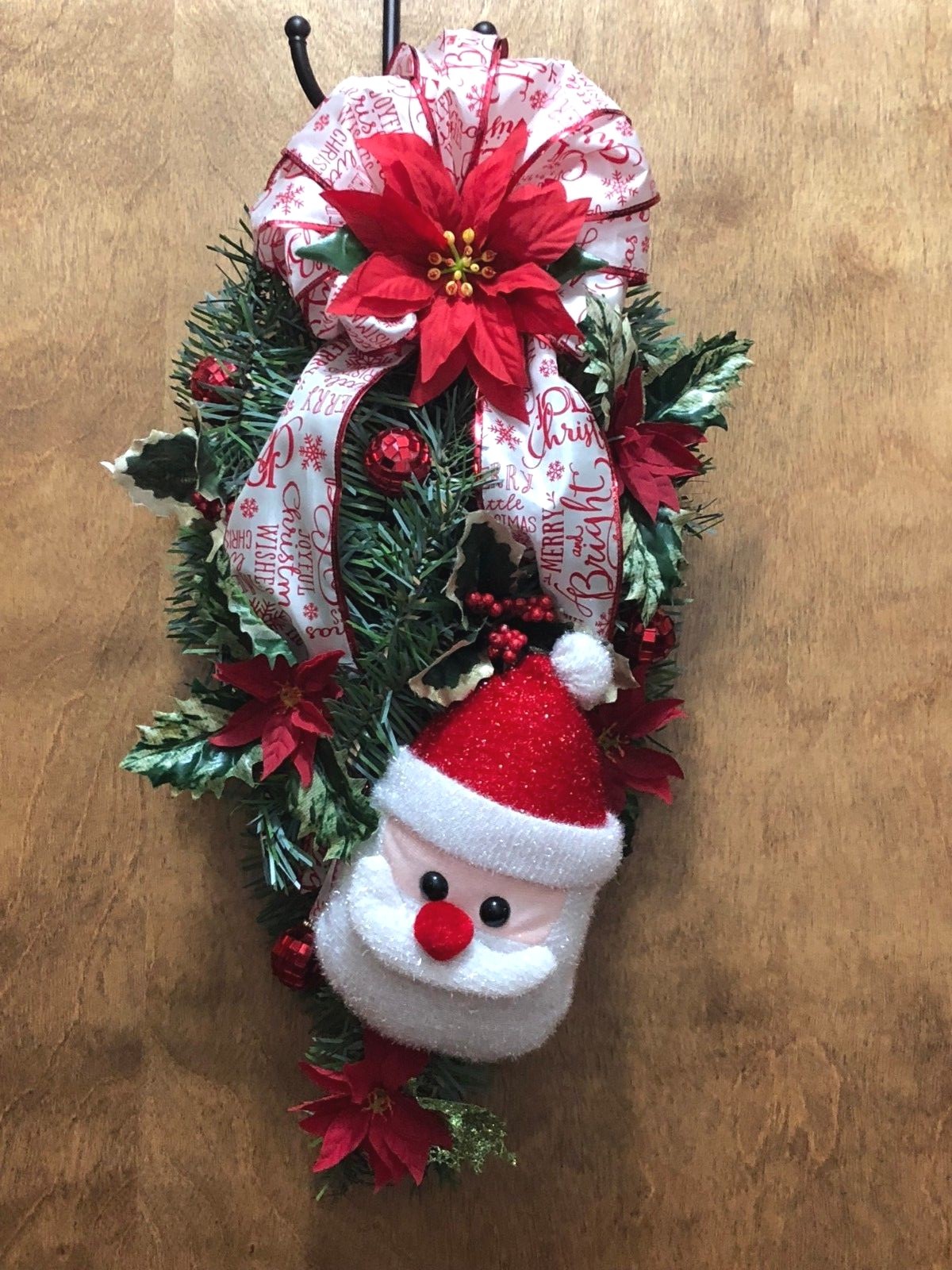 Christmas Tear Drop Door Swag Wreath Santa Poinsettia Red Bow Holly berries