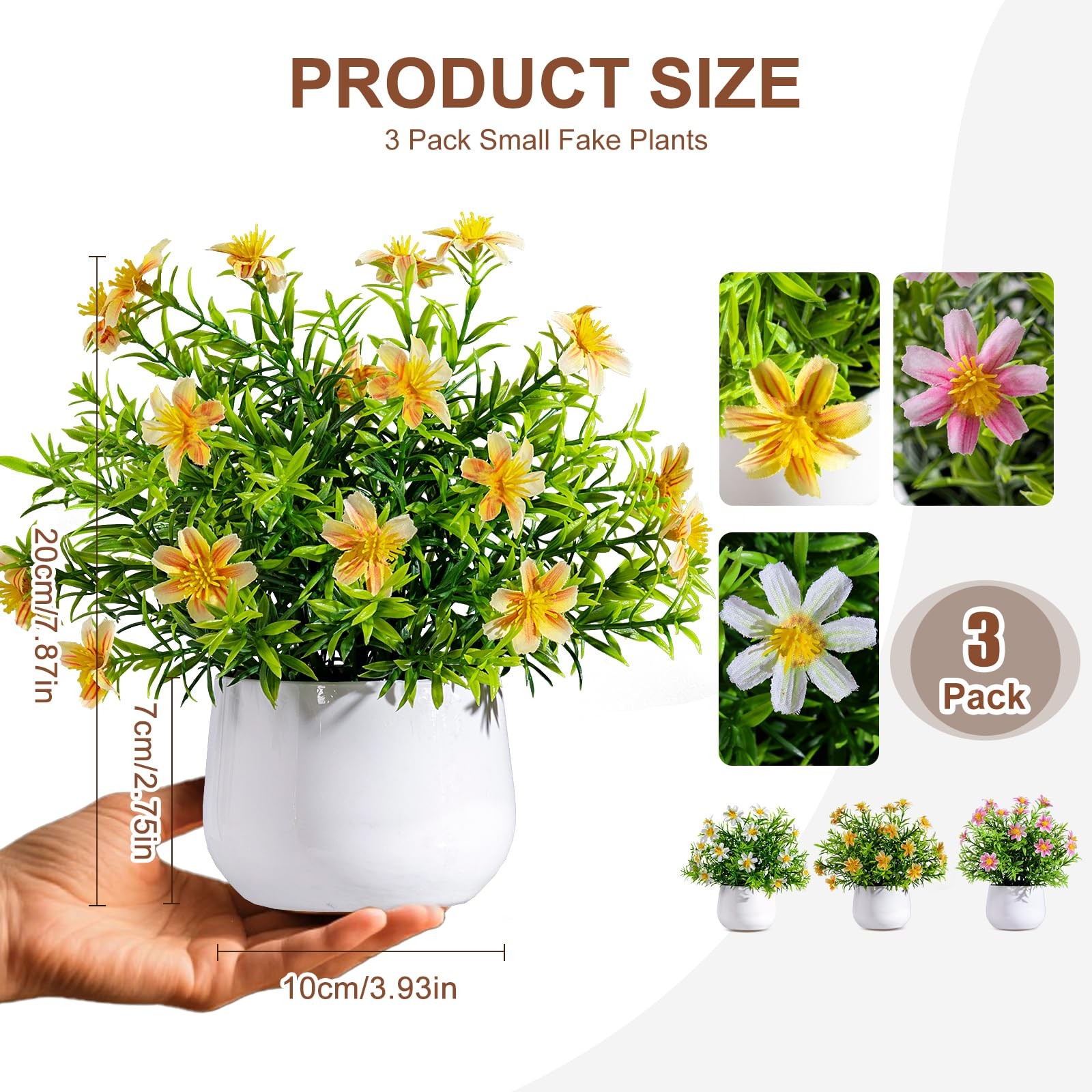 3 PCS Small Fake Potted Flowers White Pink Yellow Mini Greenery Decor