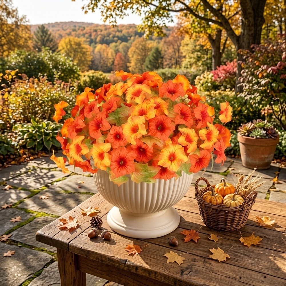 Artificial Petunias 17in Orange Yellow 6 Pack Sturdy Plastomer for Garden Decor