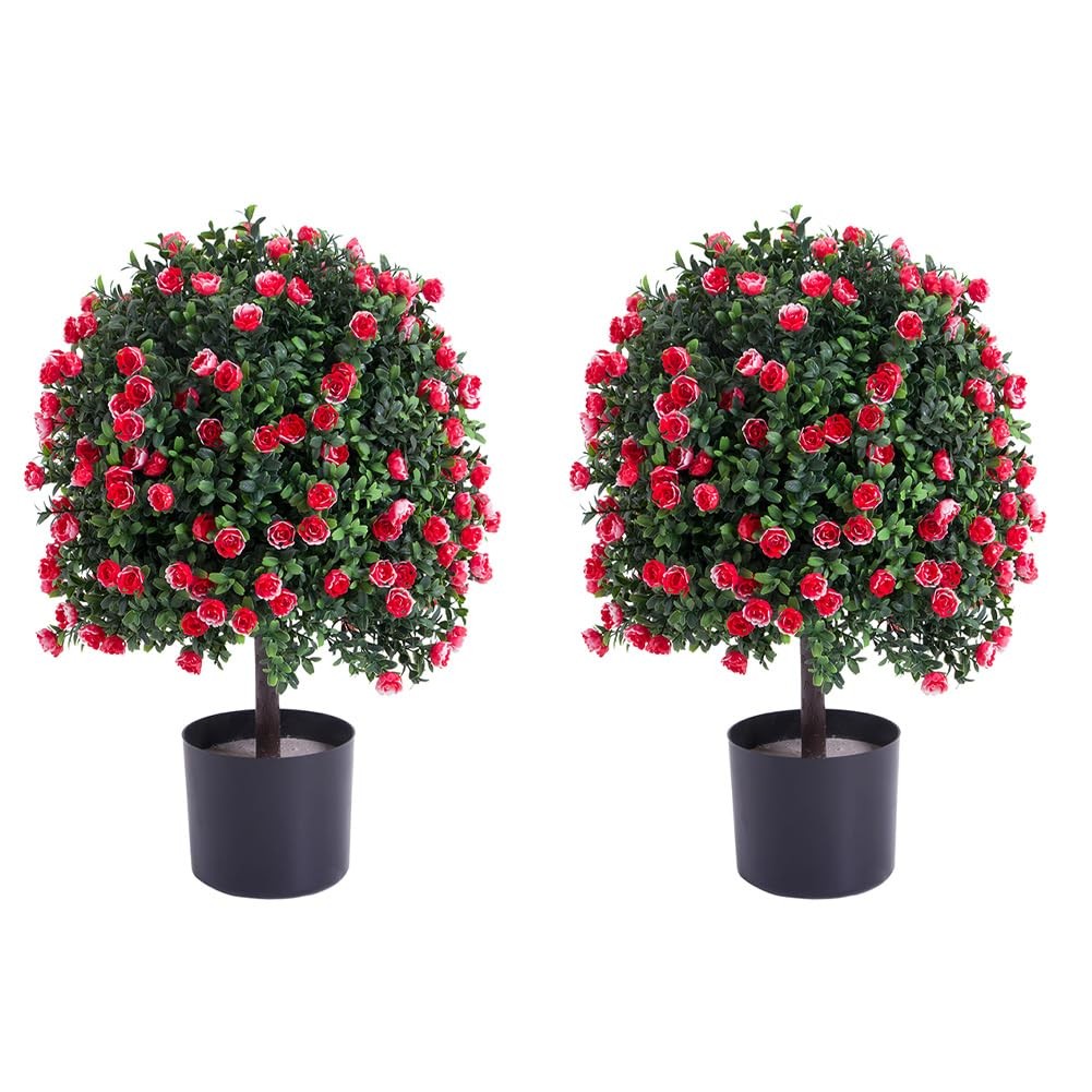 Artificial Rose Topiary Ball in Pot, 21.65″ Tall UV Resistant Faux Potted Plant
