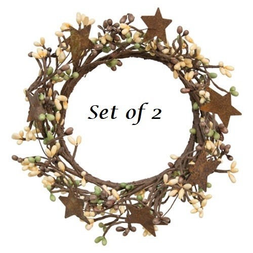 NEW PRIMITIVE Berry Candle Rings 2pc Rust Stars 4″ Brown Green Beige Pips Wreath