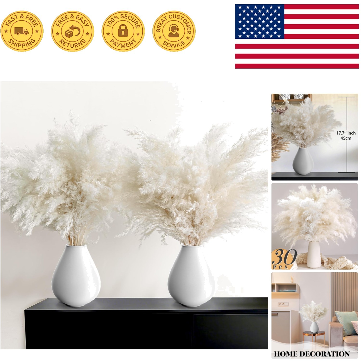 Elegant 30PCS White Pampas Grass for Boho Decor – Ideal for Weddings & Nurseries