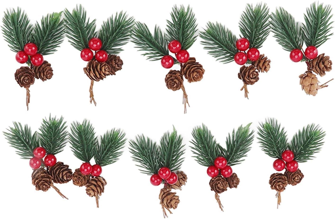 10Pcs Christmas Floral Picks with Pine Cone and Holly , Red Branches with Gre…