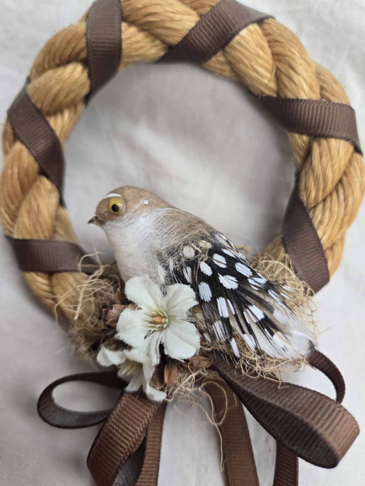 Vintage 4″ Handmade Wreath Decor Ornament~Bird Made W/Real Feathers~Cottagecore