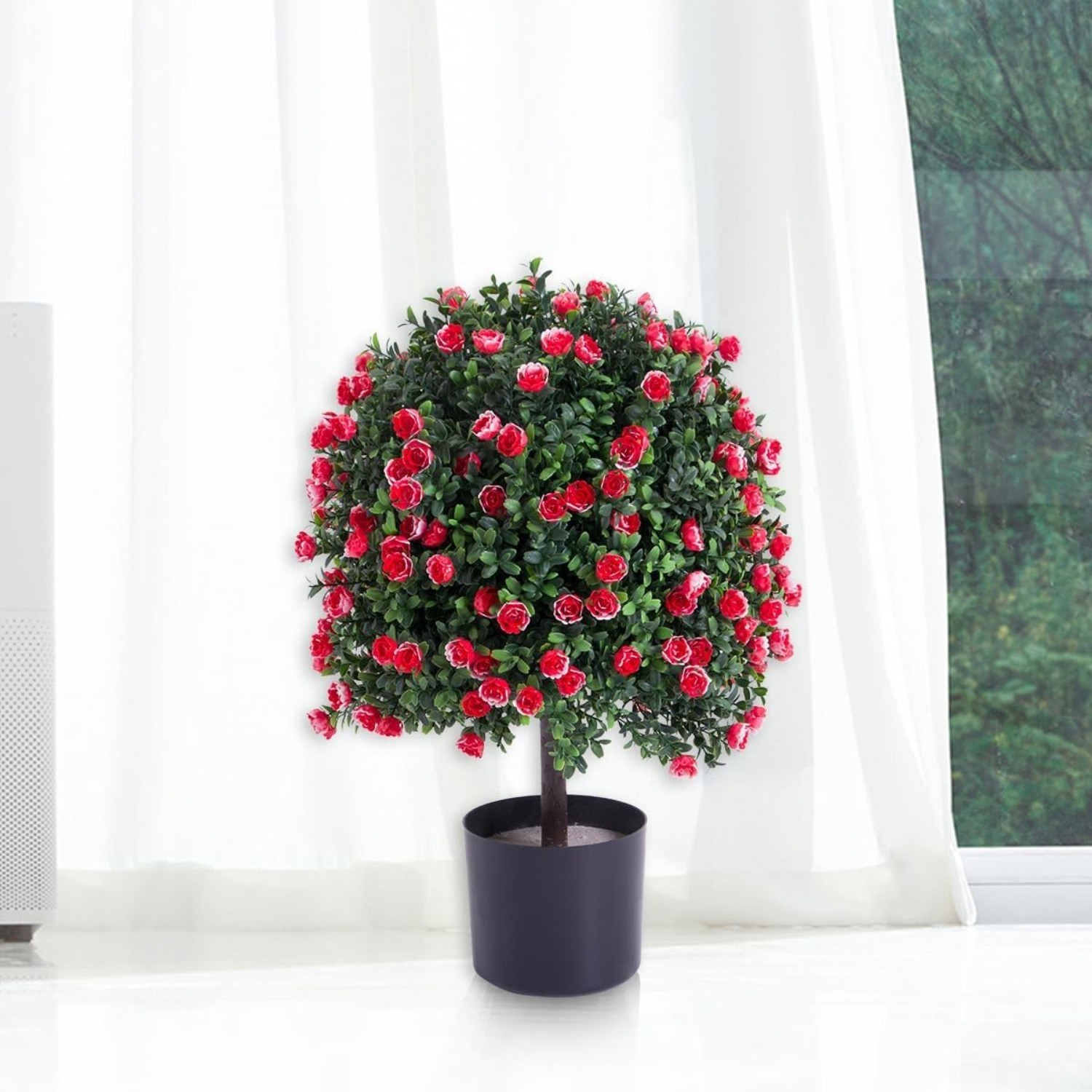 Artificial Rose Topiary Ball Tree 21.65″ Faux Red Rose Potted Tree Decor 1pc