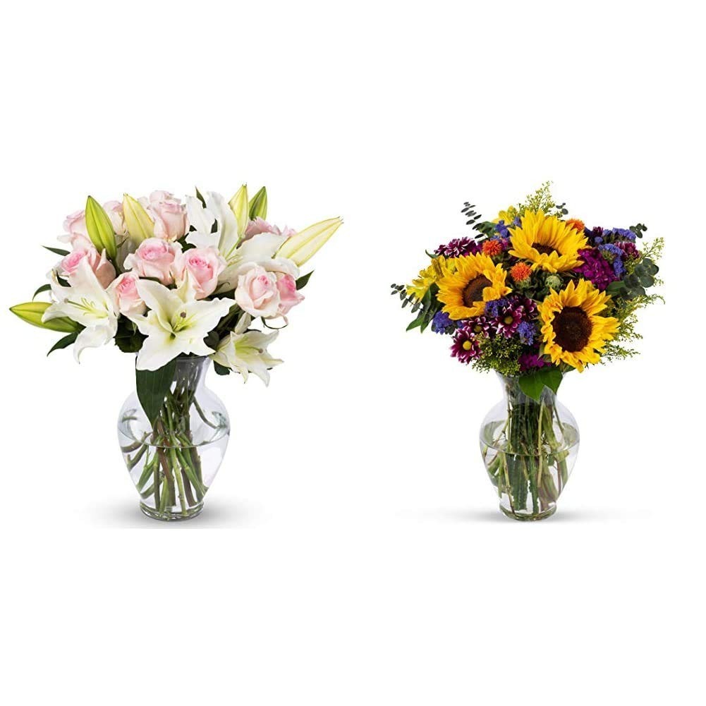 Light Pink Roses & White Oriental Lilies in Vase | Fresh Cut Flower Bouquet