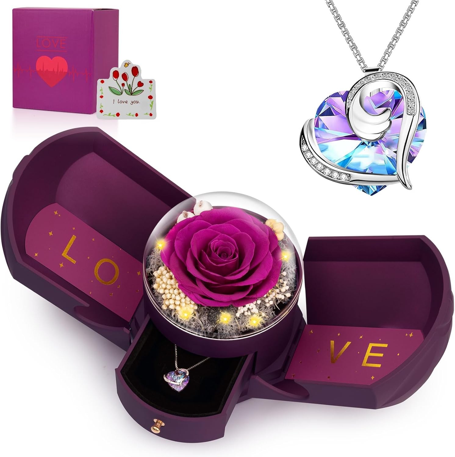 Preserved Real White Rose with Necklace Forever Flowers Rose Valentines Day Gift