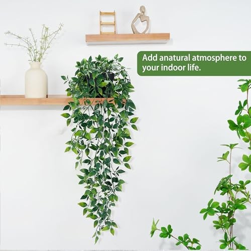 Fake Hanging Plants with Pot Deep Green Eucalyptus Leaves 2Pcs Mandala Vines