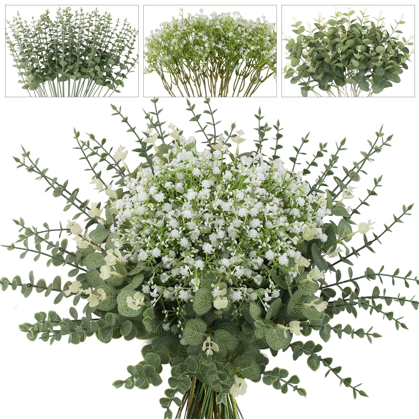 100 Pcs Mixed Greenery Artificial Eucalyptus Stems, Baby Breath Artificial Fl…