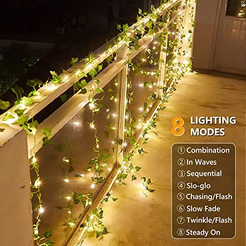 Solar Vine String Lights, 33ft 100 LED Solar String Lights, 8 Warm White-Ivy