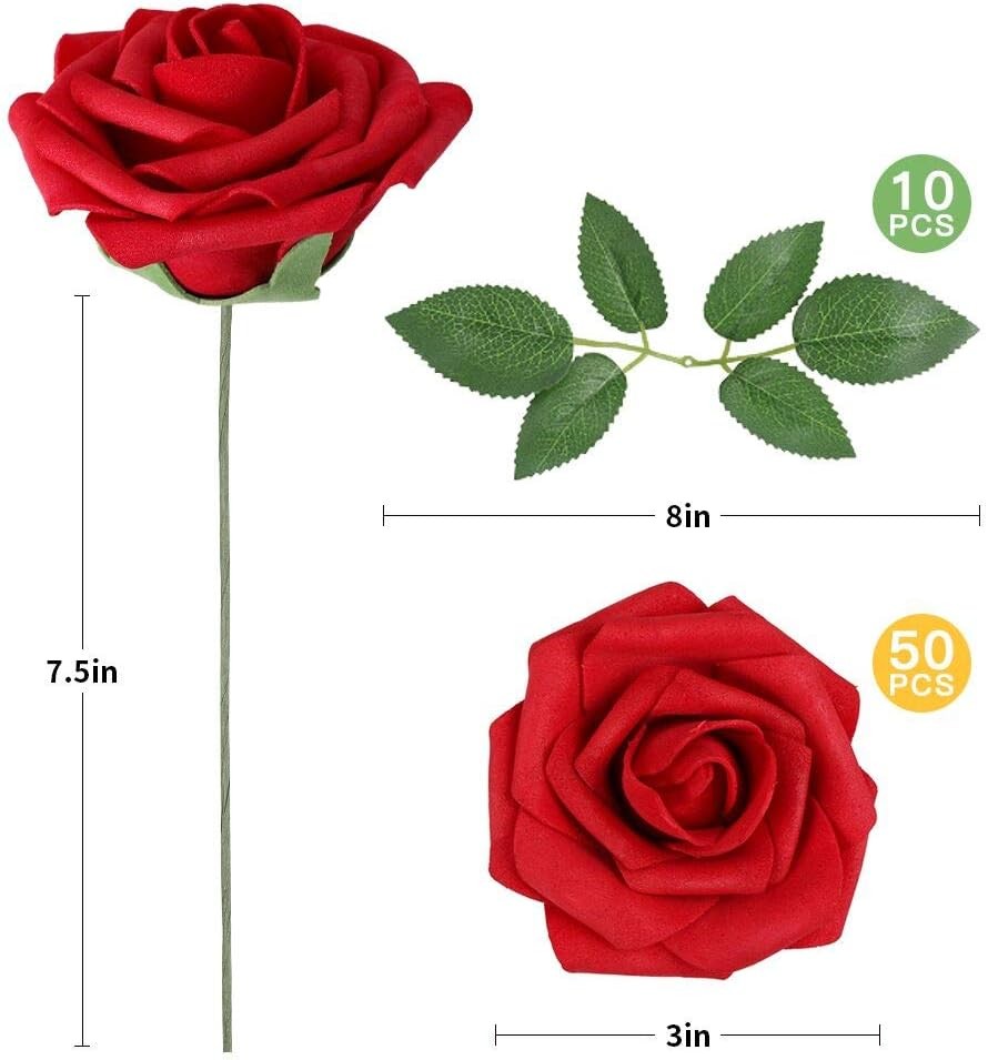 AmyHomie Artificial Flowers Dark Red Rose 50pcs Real Looking Fake Roses w/Stem f