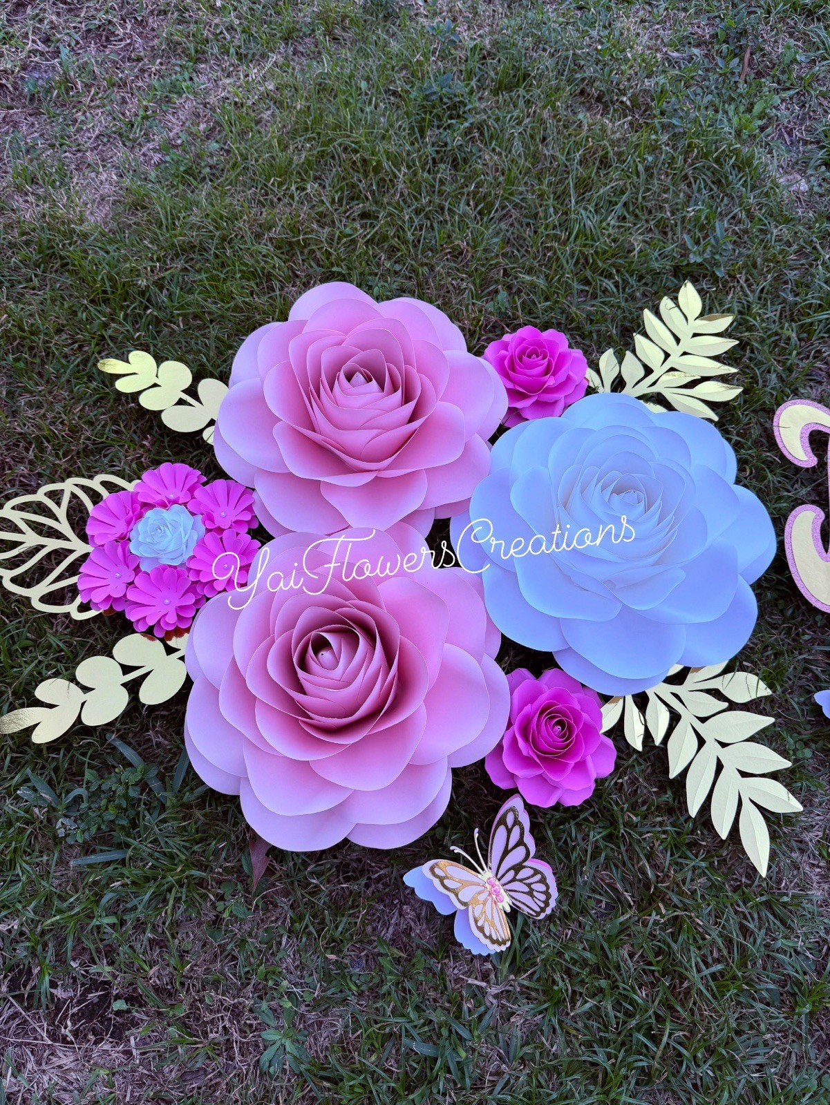Personalized Artificial Rose & Butterfly Flower Wall Decor Set, Pink/Blue/Gold