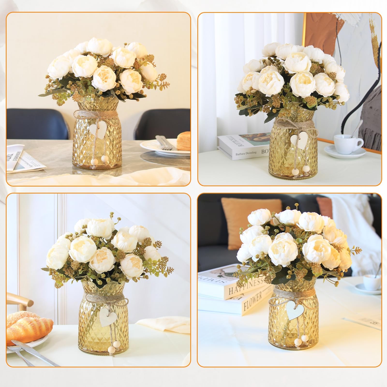 21 PCS White Faux Peony Artificial Flowers In Vase Home Decor Centerpiece