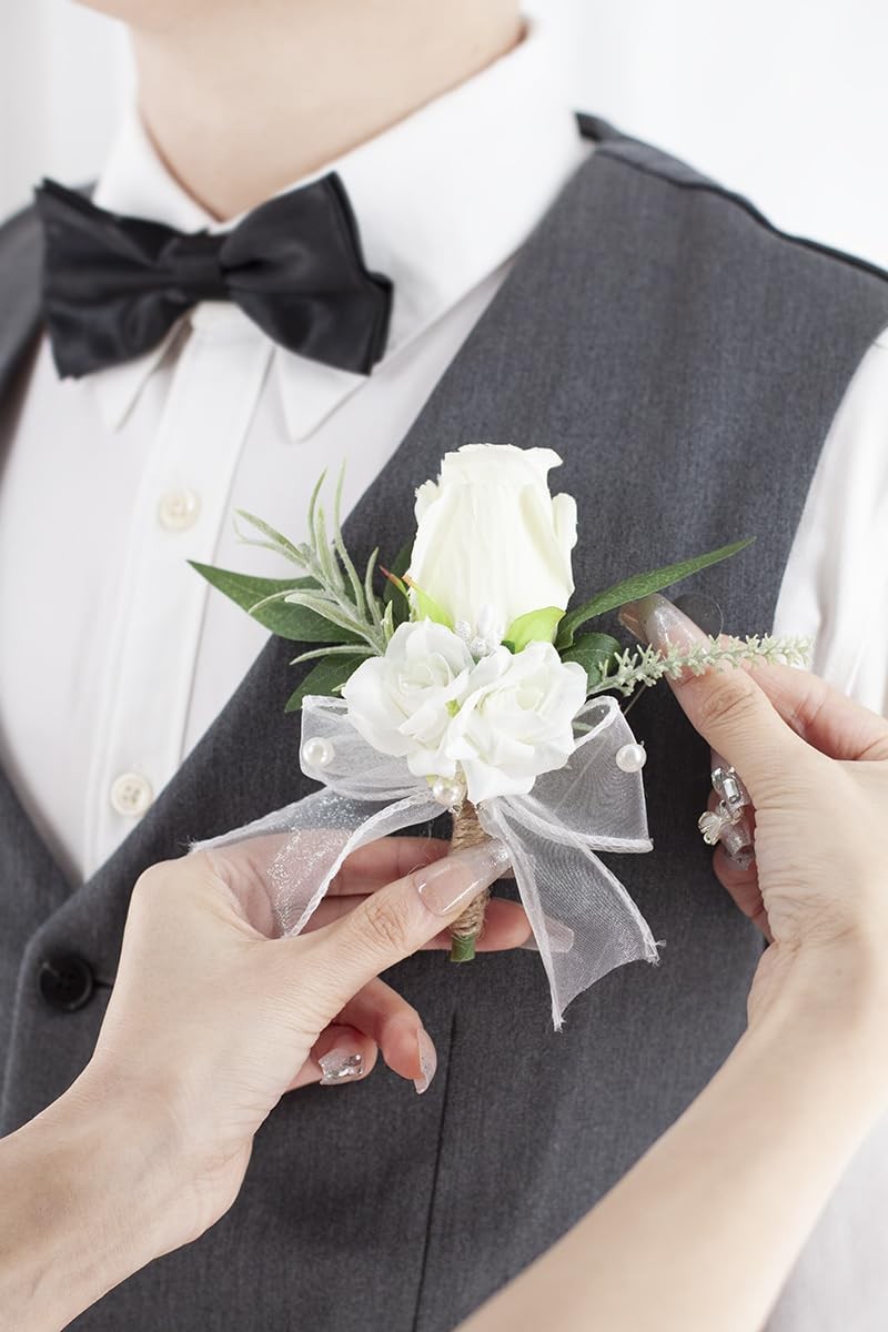 White Corsage and Boutonniere Set for Wedding Prom Artificial Rose Flower Hom…