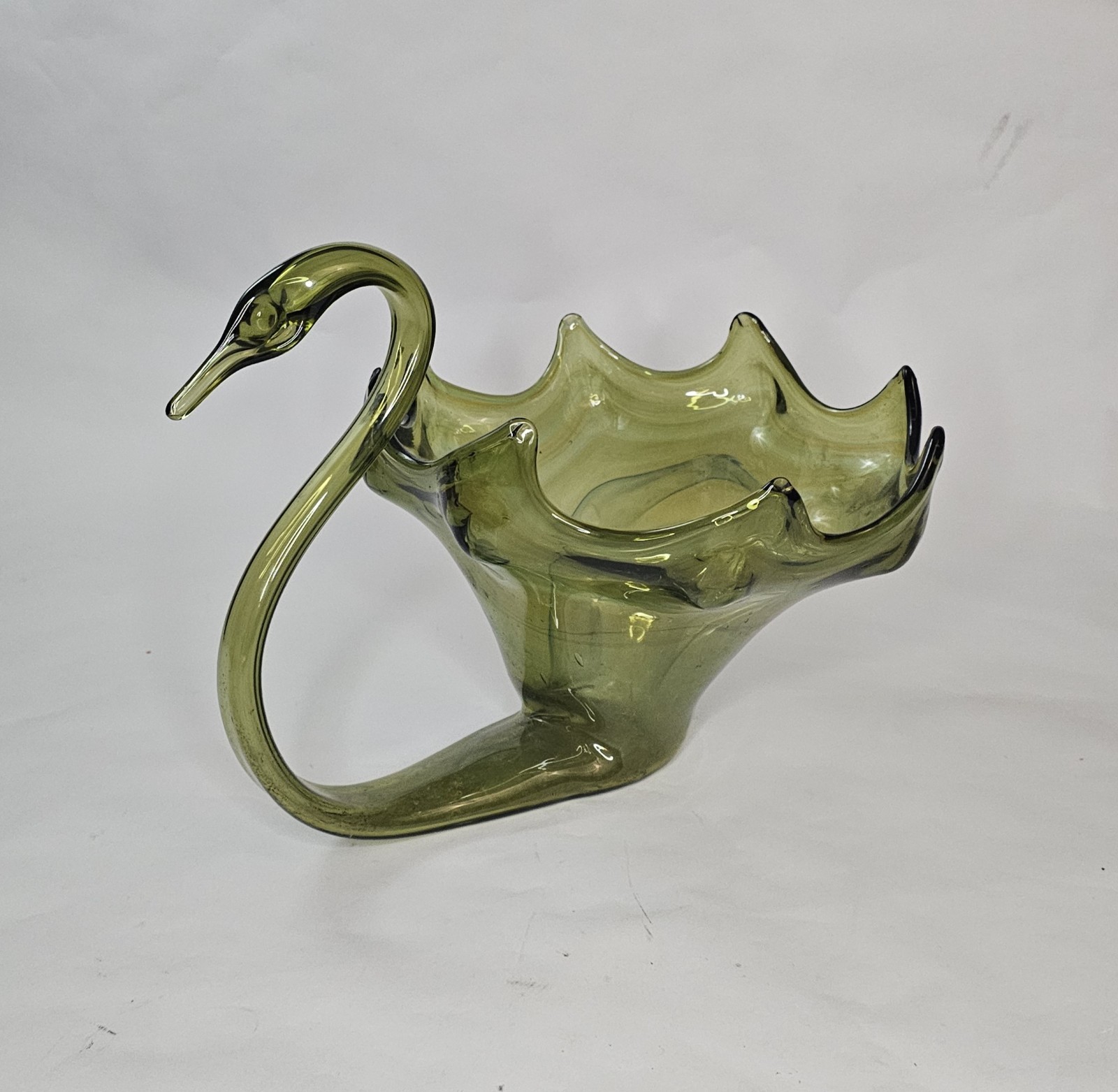 Vintage Hand Blown Art Glass Swan Bowl Multi-Green, Table Topper Decor