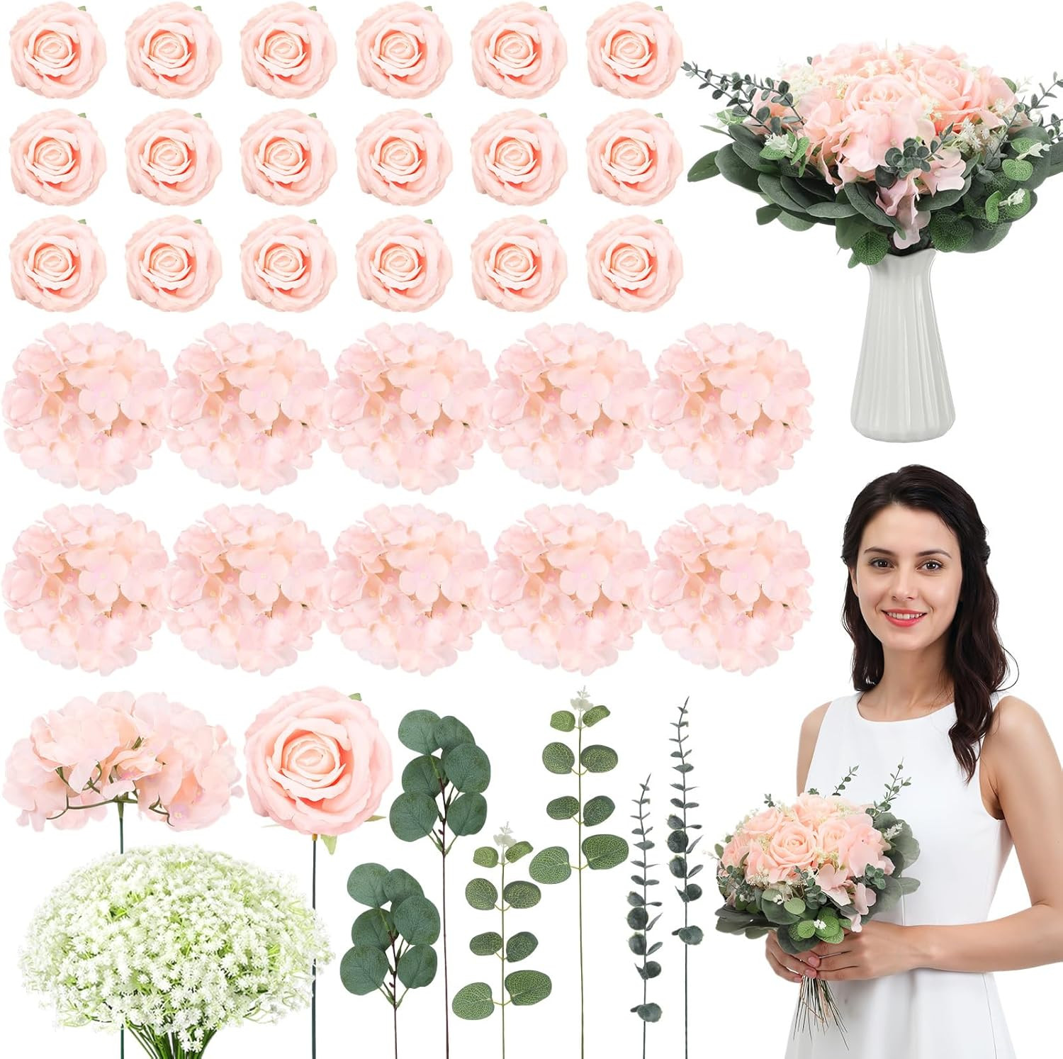 310 Pcs Pink Artificial Rose & Hydrangea Bouquet for Wedding Decor