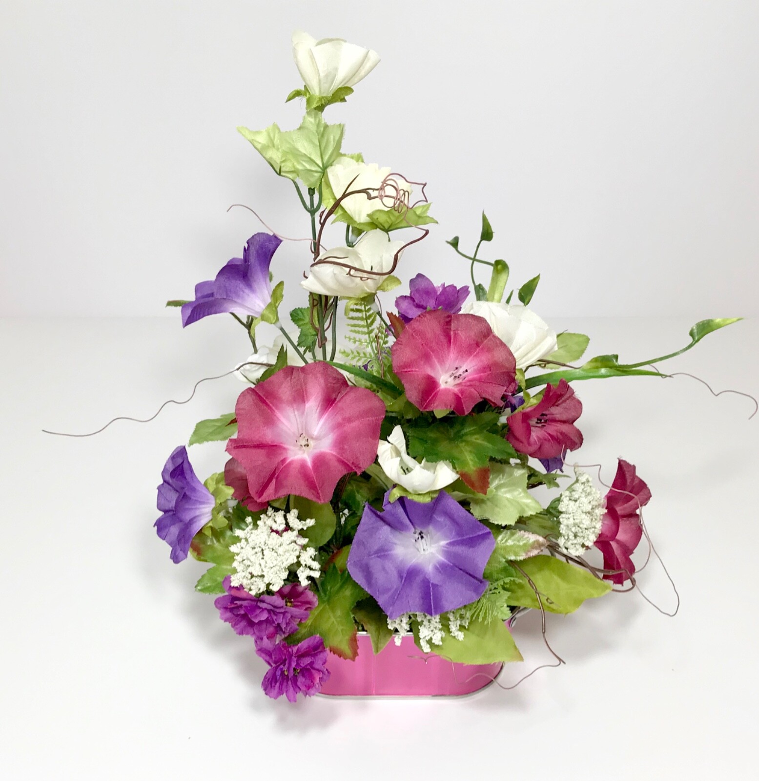 SMALL VARIETY FLORAL ARRANGEMENT NEON PINK METAL TUB SUMMER FLOWERS CENTERPIECE